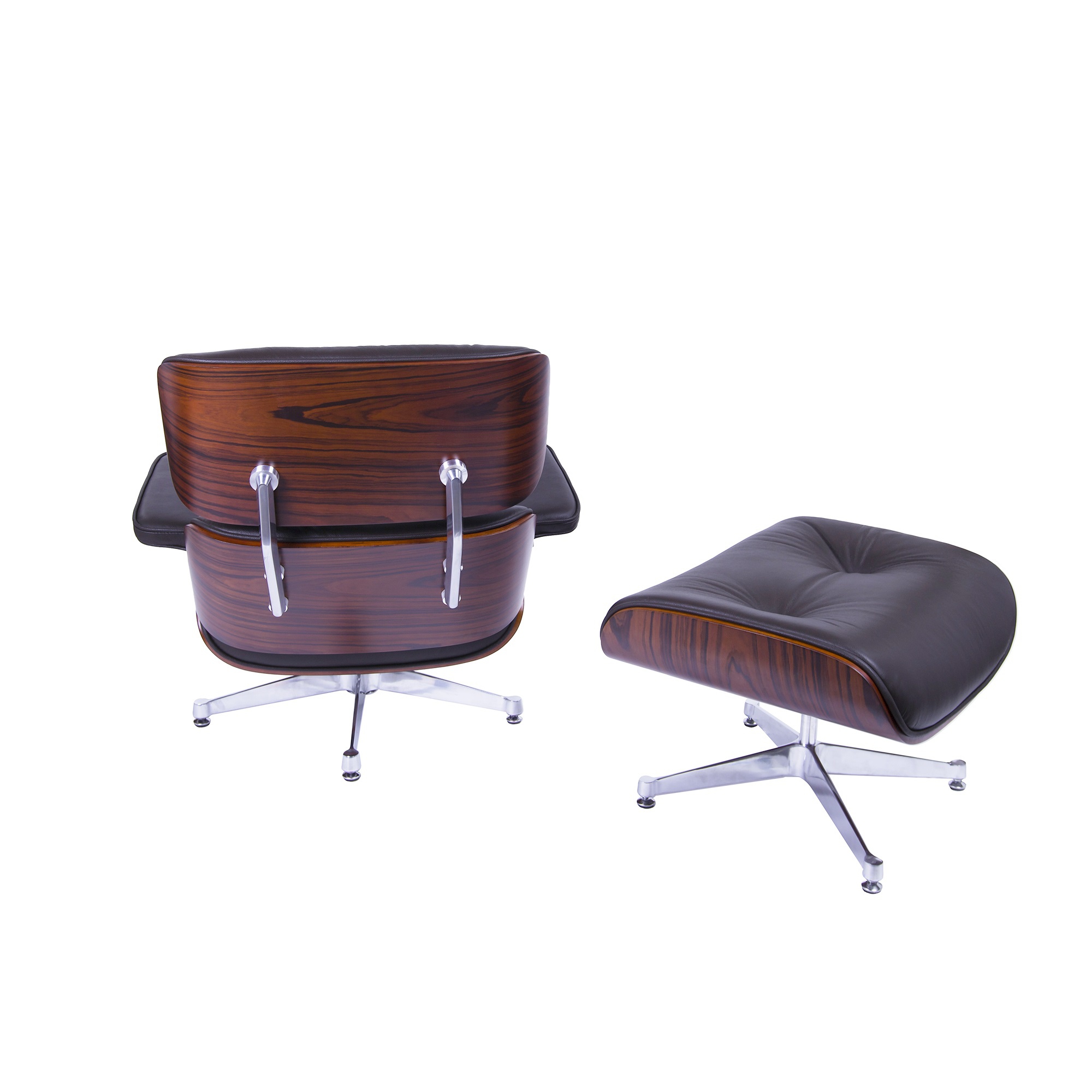 Charles Eames style, Armlehnensessel mit Hocker EA670 XL braun Rosenholz Polierte Base