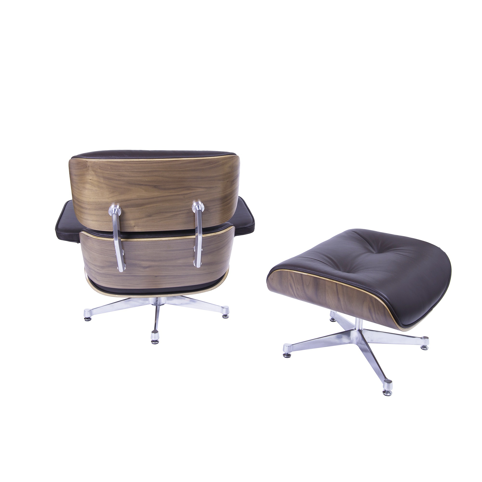 Charles Eames style, Armlehnensessel mit Hocker EA670 braun Nussbaum Polierte Base