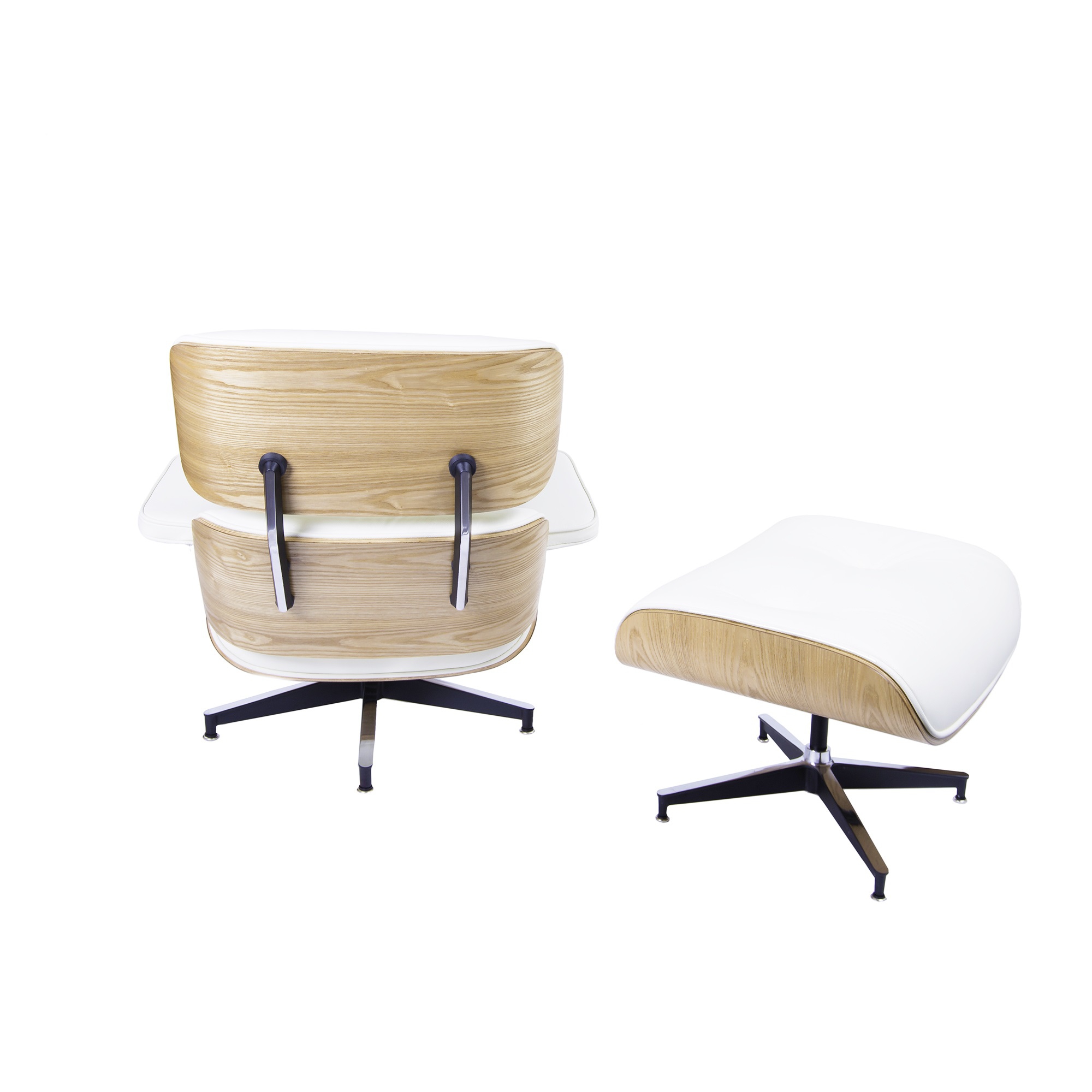 Charles Eames style, Armlehnensessel mit Hocker EA670 creme Eschenholz Schwarze Basis