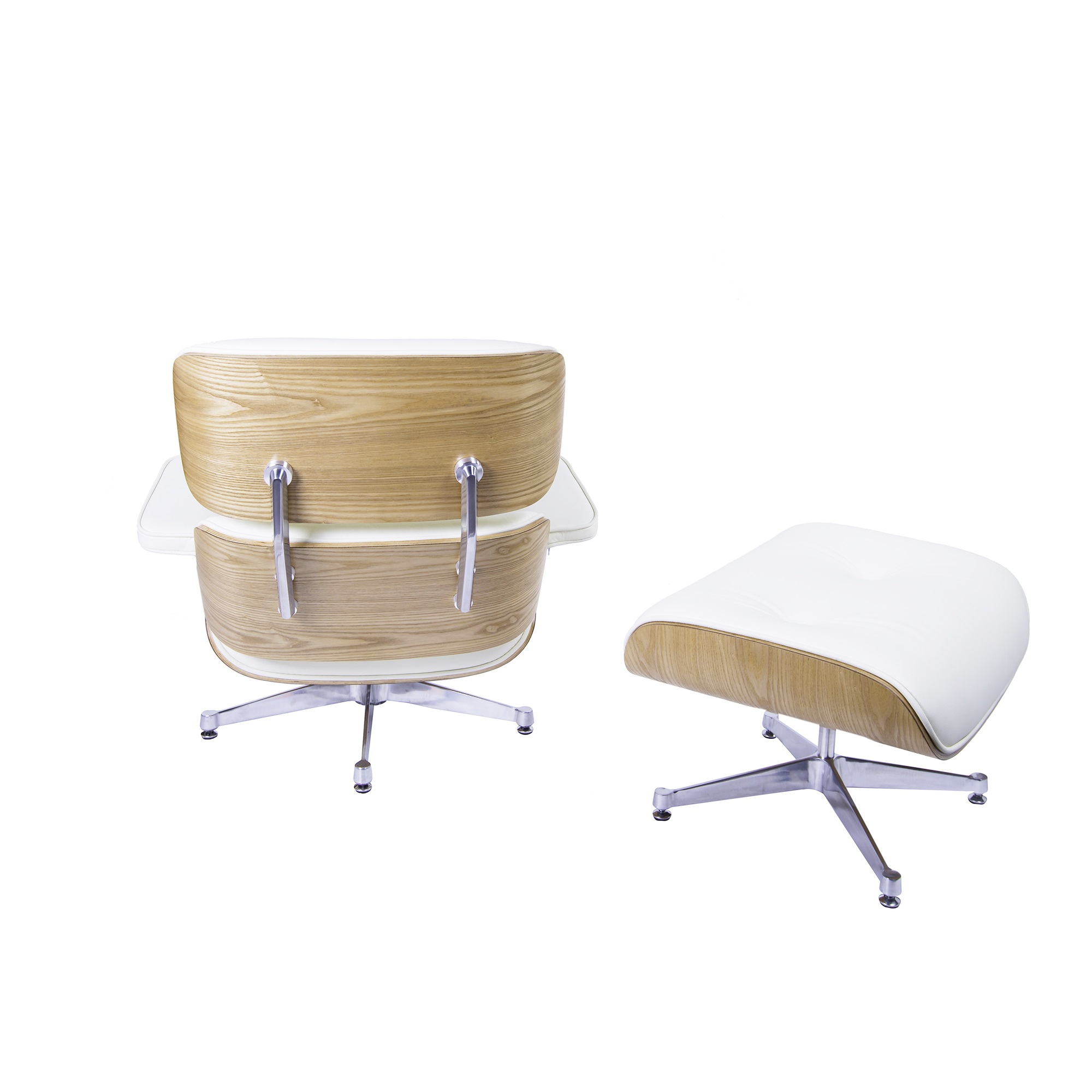 Charles Eames style, Armlehnensessel mit Hocker EA670 XL creme Eschenholz Polierte Base