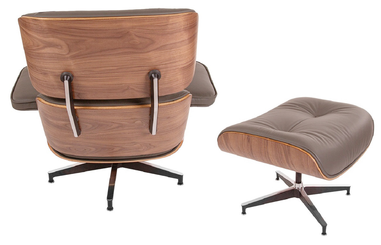 Charles Eames style, Armlehnensessel mit Hocker EA670 SPECIAL EDITION dunkelgrau Nussbaum Schwarze Basis
