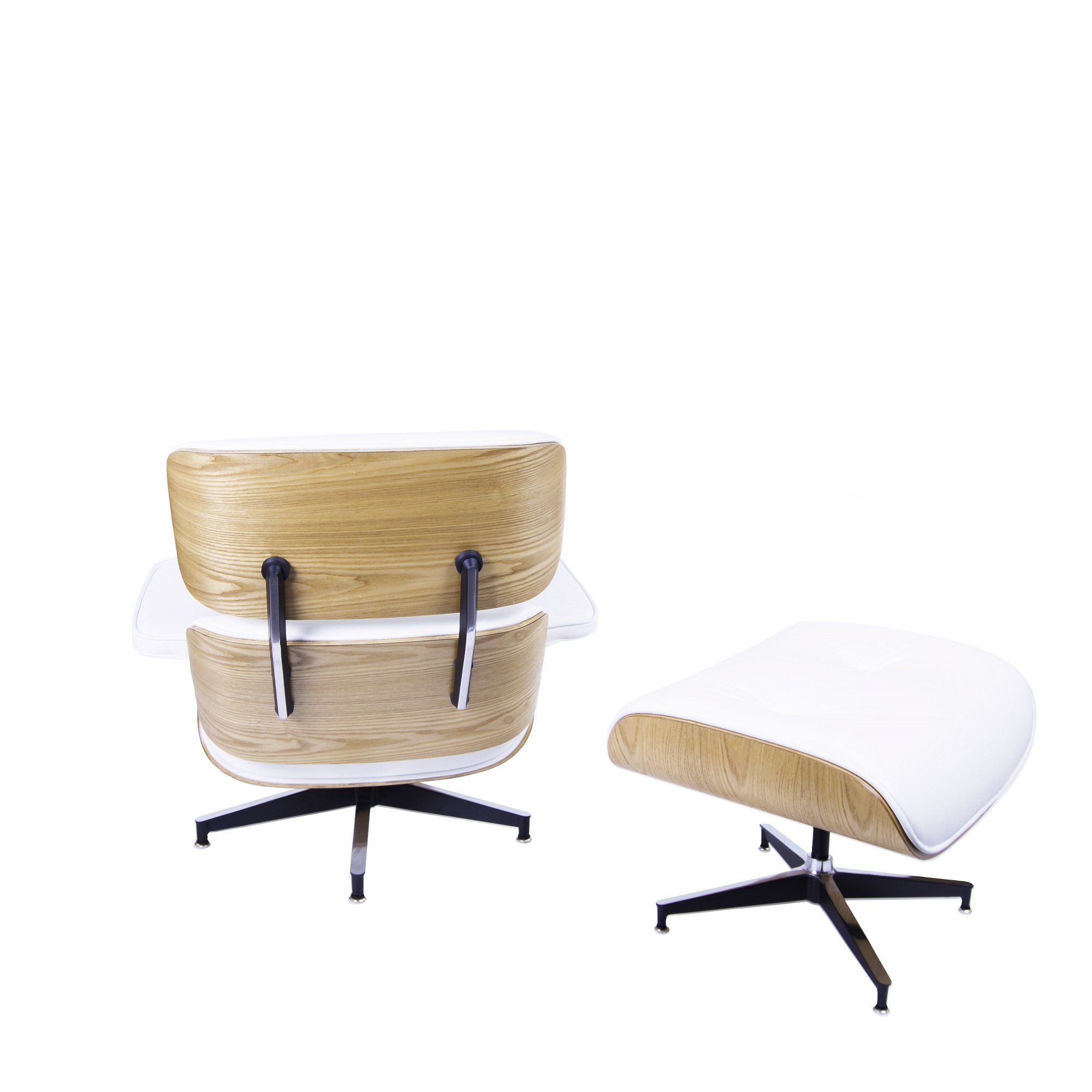 Charles Eames style, Armlehnensessel mit Hocker EA670 XL weiß Eschenholz Schwarze Basis