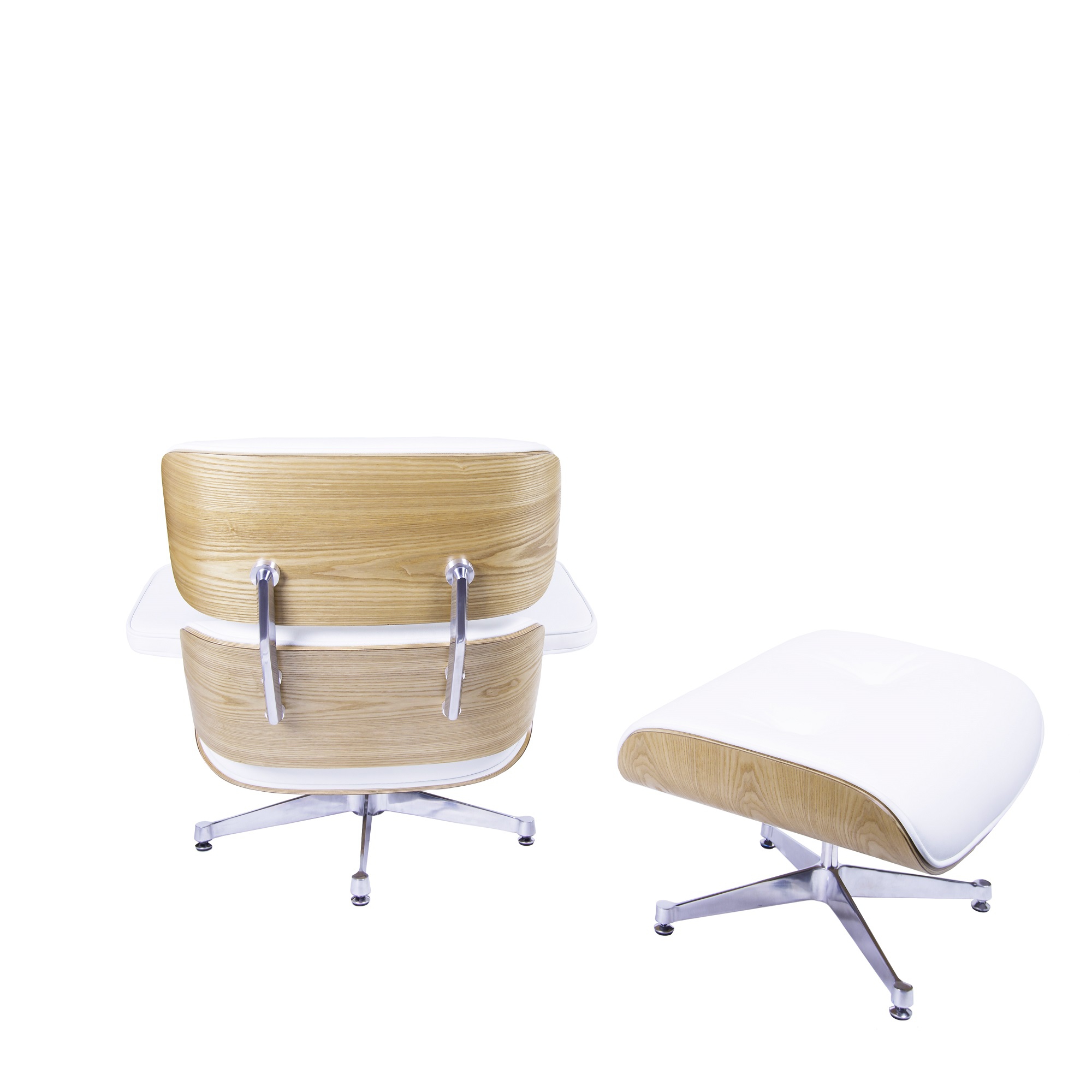 Charles Eames style, Armlehnensessel mit Hocker EA670 XL weiß Eschenholz Polierte Base