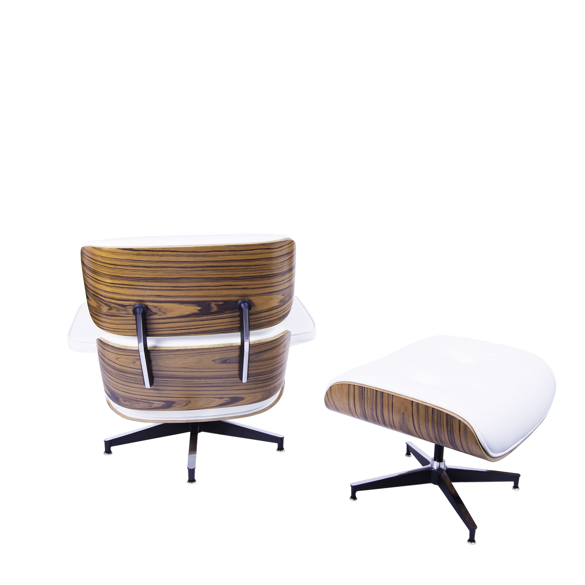 Charles Eames style, Armlehnensessel mit Hocker EA670 XL weiß Palisander Schwarze Basis