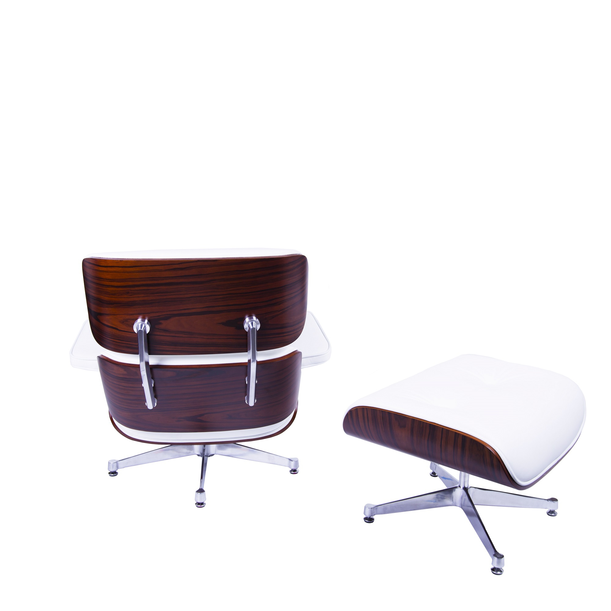 Charles Eames style, Armlehnensessel mit Hocker EA670 weiß Rosenholz Polierte Base
