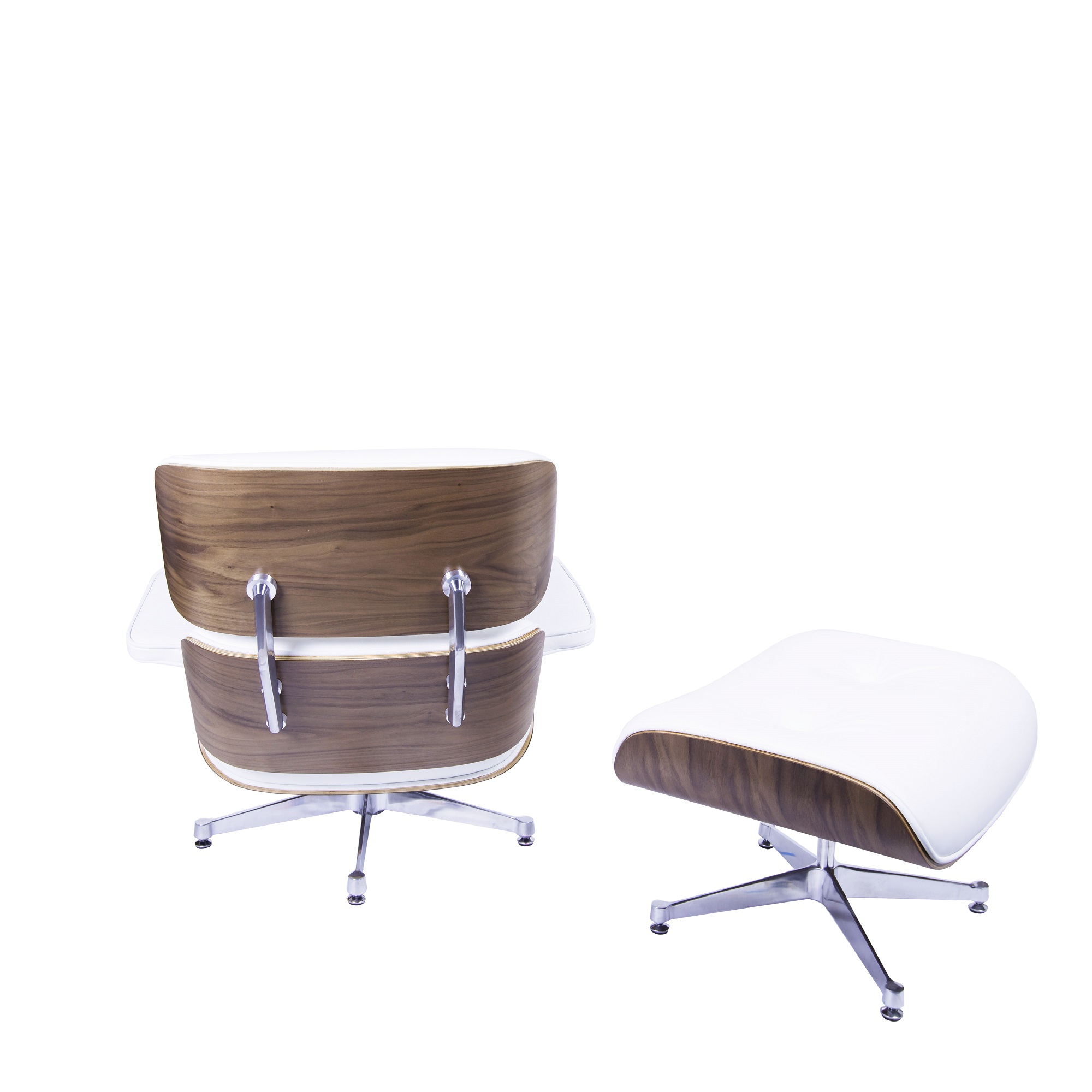 Charles Eames style, Armlehnensessel mit Hocker EA670 weiß Nussbaum Polierte Base
