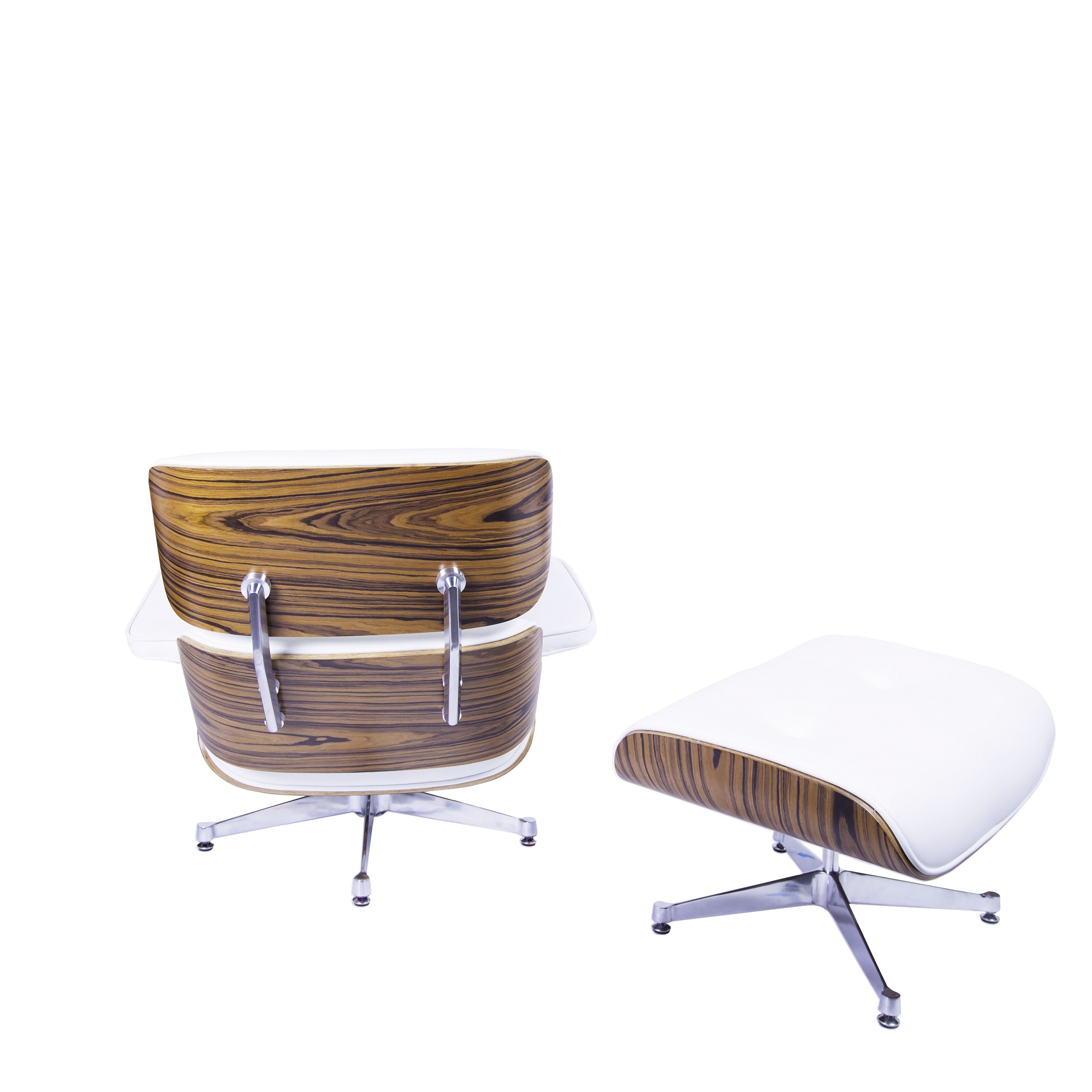 Charles Eames style, Armlehnensessel mit Hocker EA670 XL weiß Palisander Polierte Base