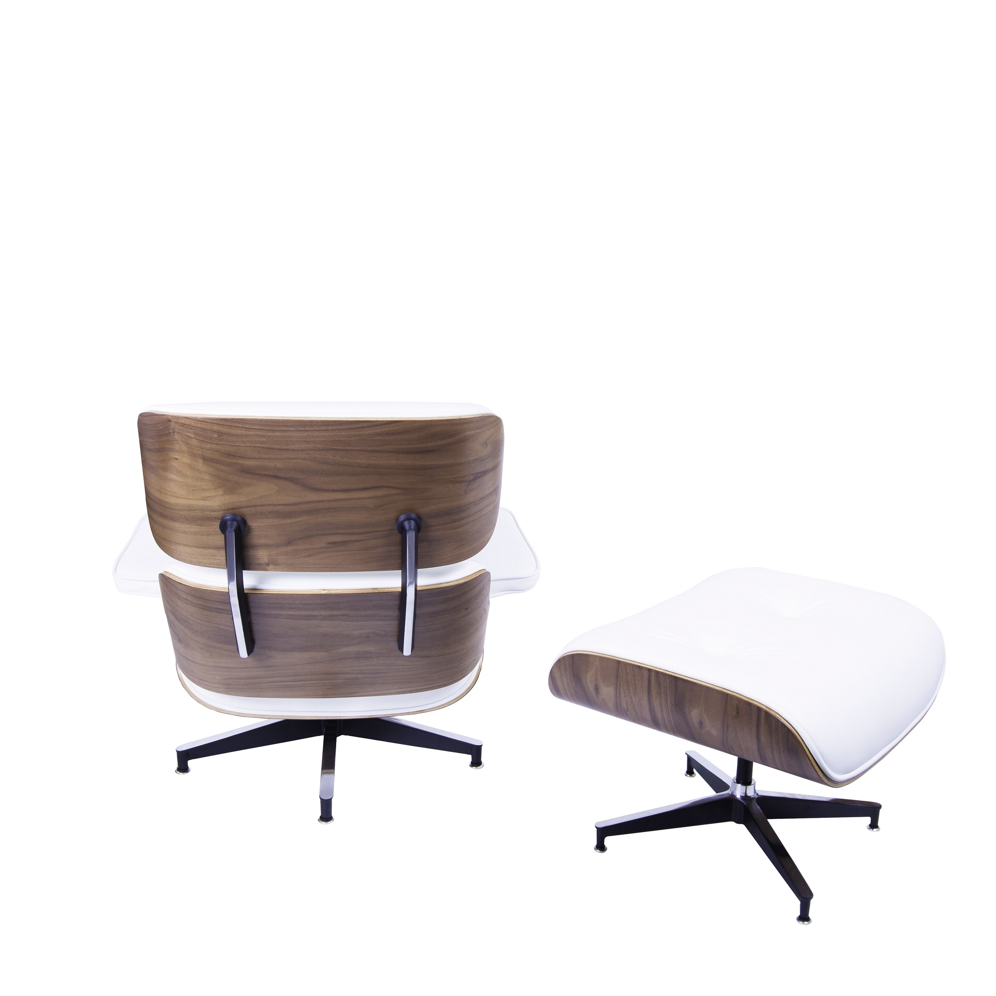 Charles Eames style, Armlehnensessel mit Hocker EA670 weiß Nussbaum Schwarze Basis