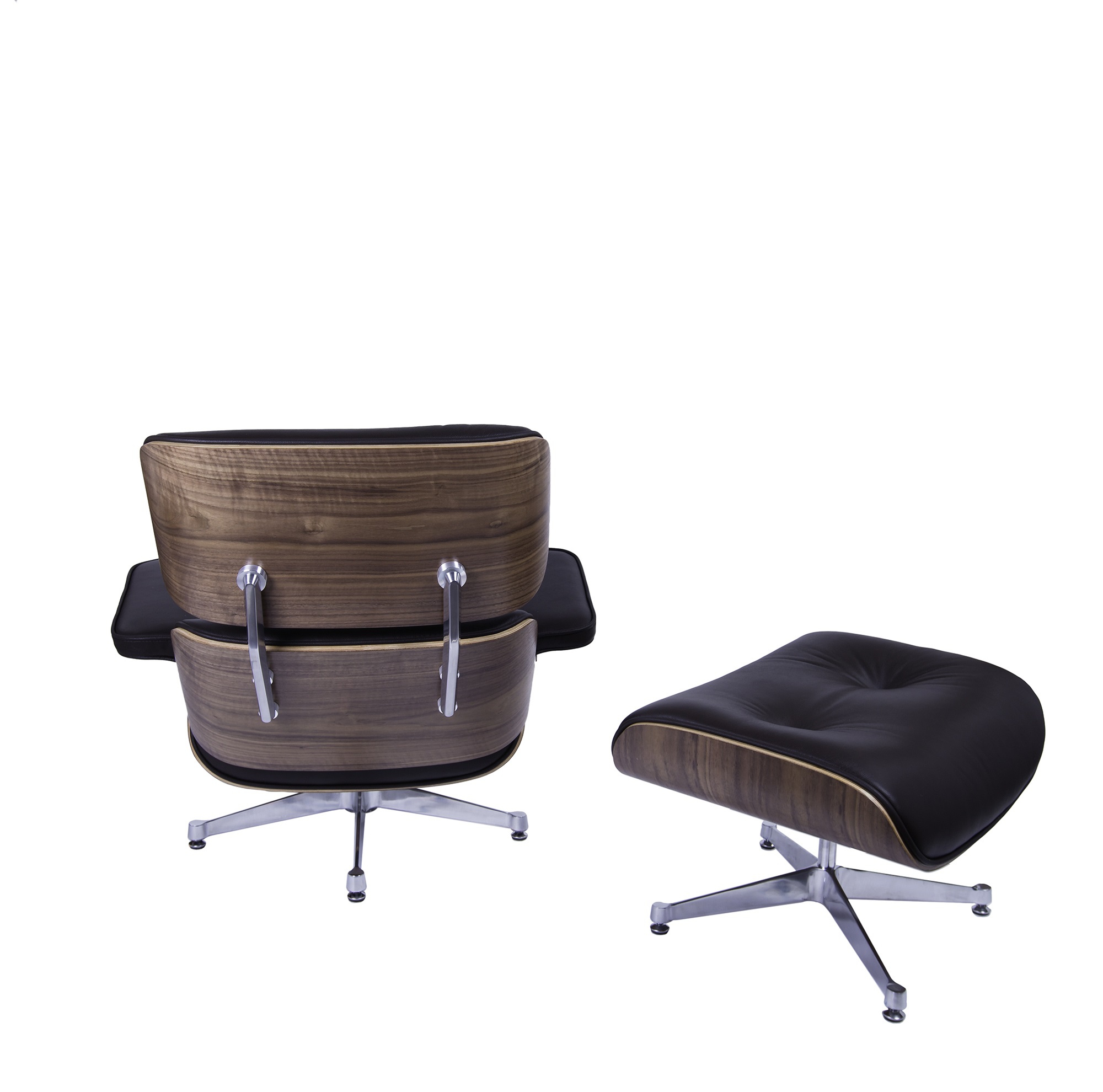 Charles Eames style, Armlehnensessel mit Hocker EA670 XL braun Nussbaum Polierte Base