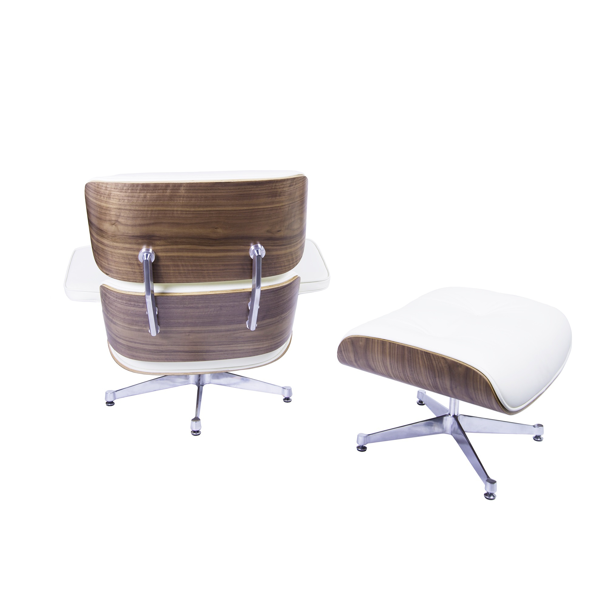 Charles Eames style, Armlehnensessel mit Hocker EA670 XL creme Nussbaum Polierte Base