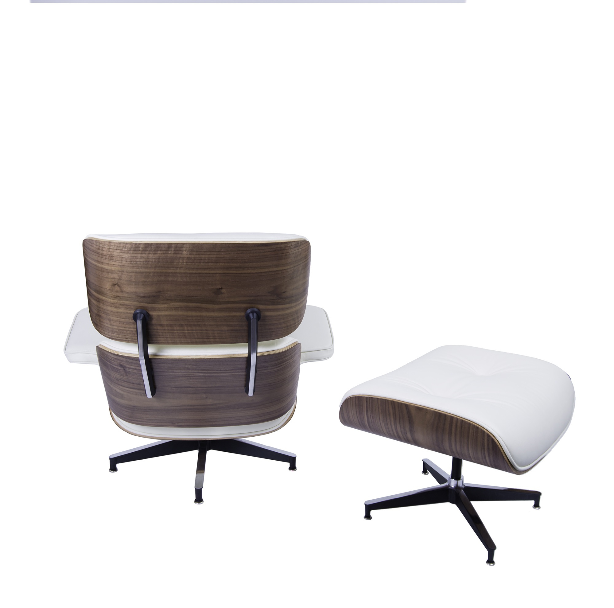 Charles Eames style, Armlehnensessel mit Hocker EA670 XL weiß Nussbaum Schwarze Basis