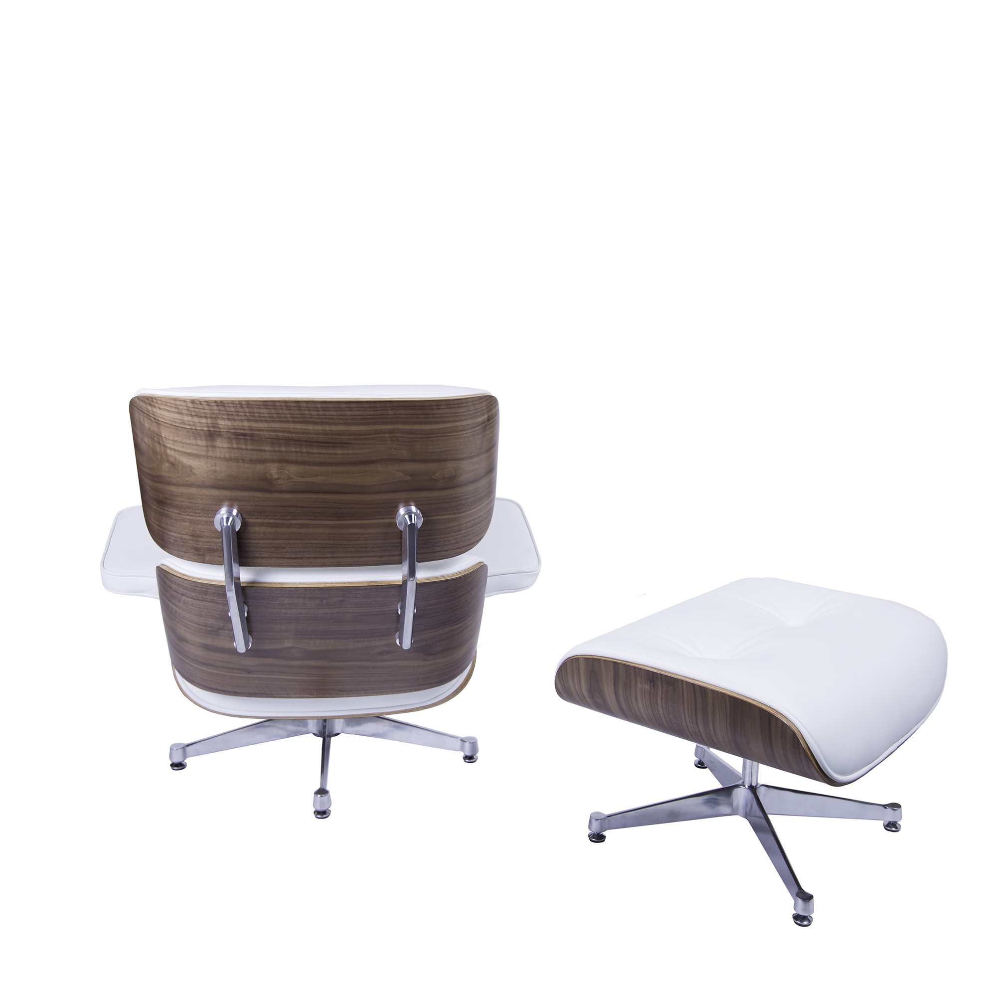 Charles Eames style, Armlehnensessel mit Hocker EA670 XL weiß Nussbaum Polierte Base